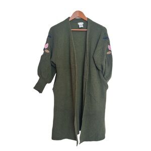 #84 LILY SKY ~ Green 3/4 Sleeve Cardigan Sweater with Embroidered Floral Accents